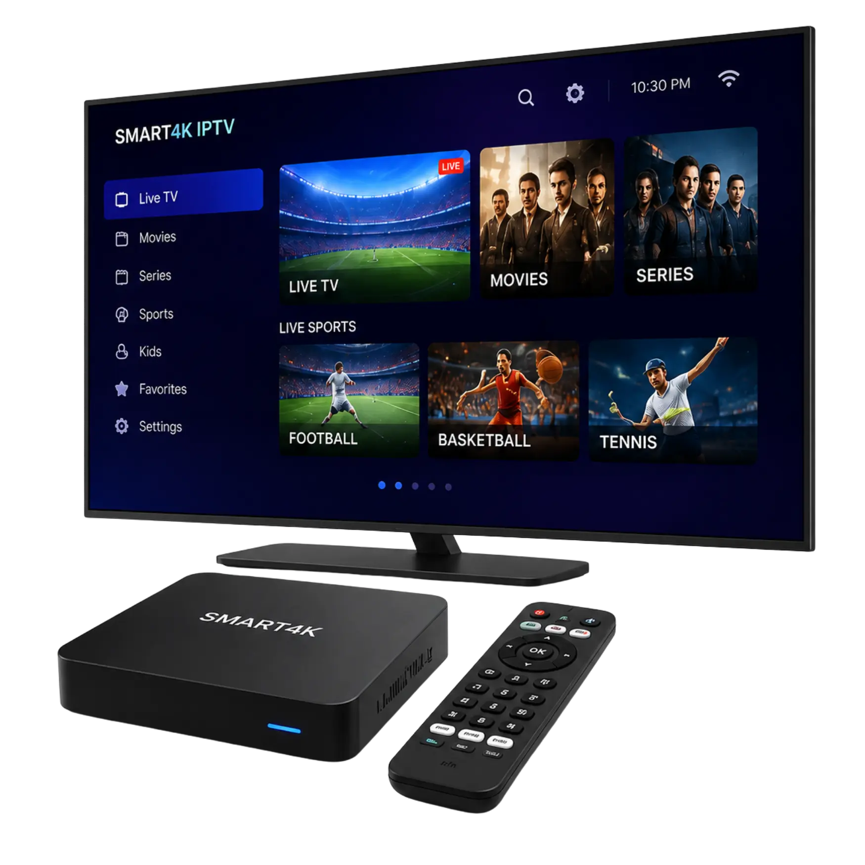 Smart4K IPTV television screen with IPTV interface, set-top box, and remote control on a white background.
